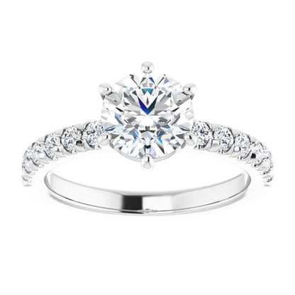 Round Brilliant Six Claw Pave White Gold Engagement Ring 