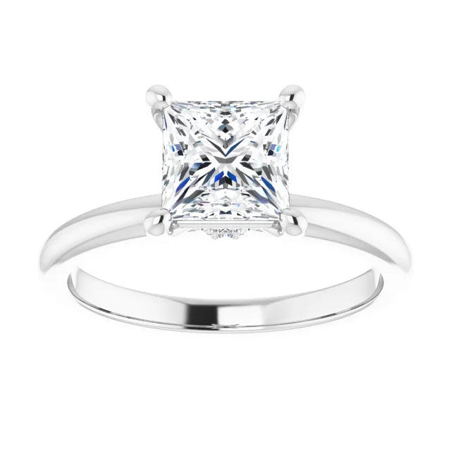 Princess Cut White Gold Low Hidden Halo Solitaire Engagement Ring