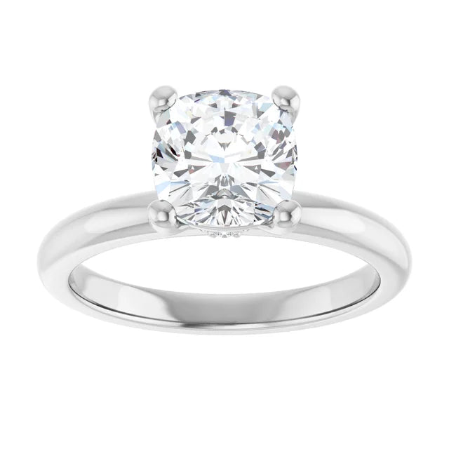 Cushion Cut White Gold Low Hidden Halo Solitaire Engagement Ring