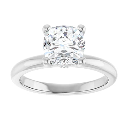 Cushion Cut White Gold Low Hidden Halo Solitaire Engagement Ring