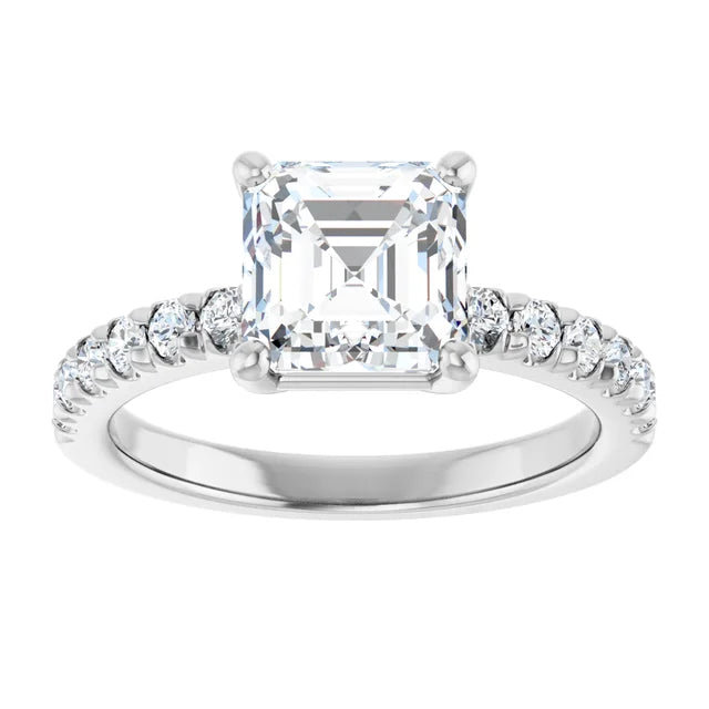 Asscher Four Claw Pave White Gold Engagement Ring 