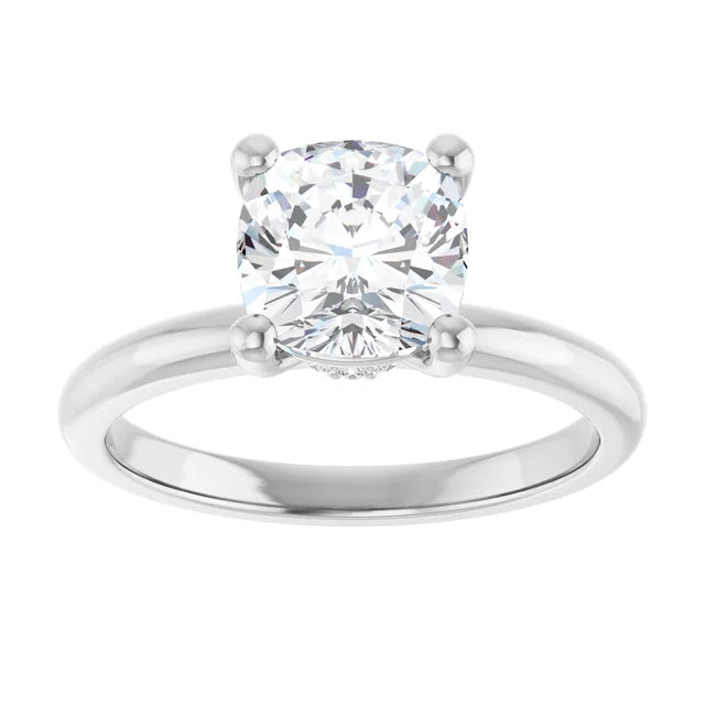 Cushion Cut White Gold Low Hidden Halo Solitaire Engagement Ring