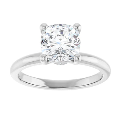 Cushion Cut White Gold Low Hidden Halo Solitaire Engagement Ring