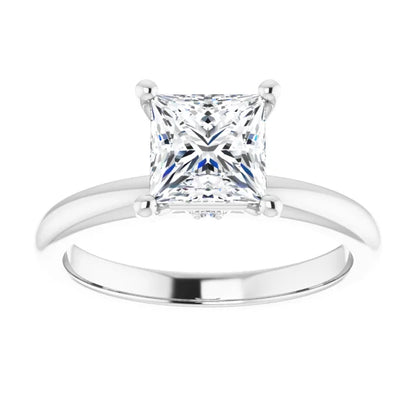 Princess Cut White Gold Low Hidden Halo Solitaire Engagement Ring