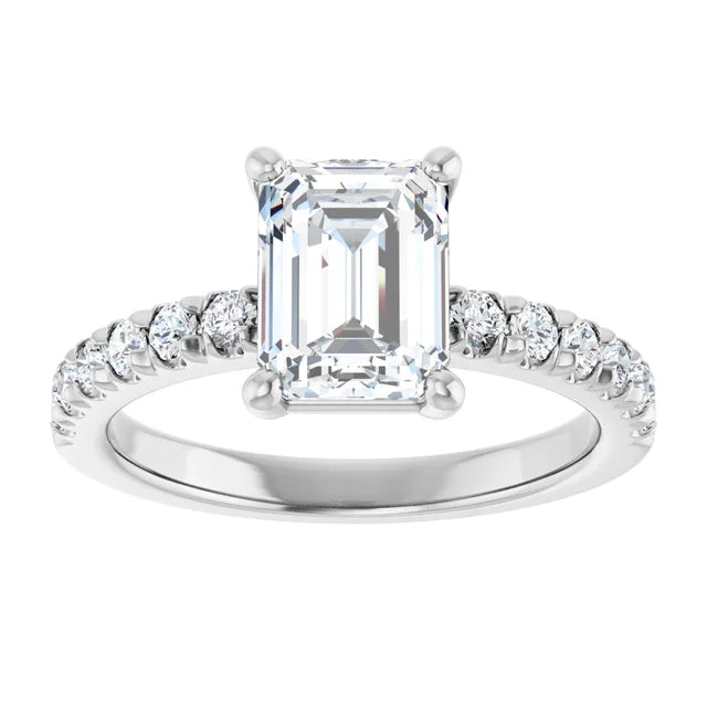 Emerald Four Claw Pave White Gold Engagement Ring 