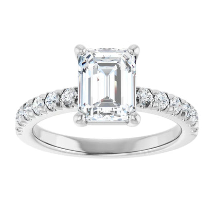 Emerald Four Claw Pave White Gold Engagement Ring 