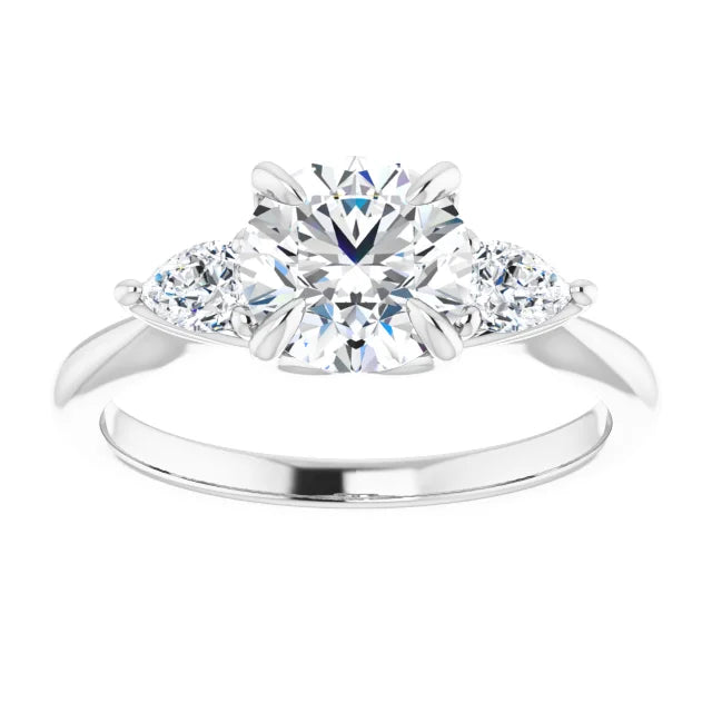 Round Brilliant White Gold Tri -Stone Style Pear Accent Engagement Ring
