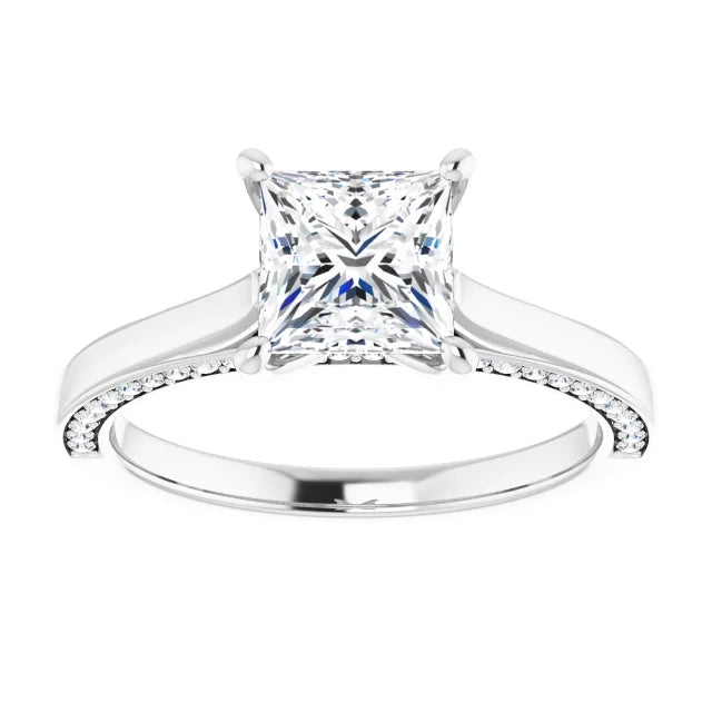 Princess White Gold Solitaire & Hidden Diamond Band Engagement Ring