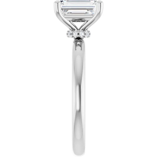 Emerald Cut White Gold Low Hidden Halo Solitaire Engagement Ring
