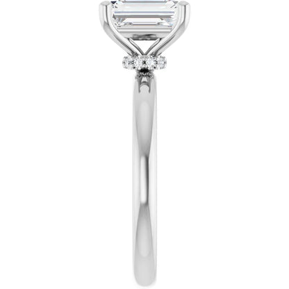 Emerald Cut White Gold Low Hidden Halo Solitaire Engagement Ring