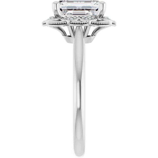 Emerald White Gold Antique Inspired Design Engagement Ring