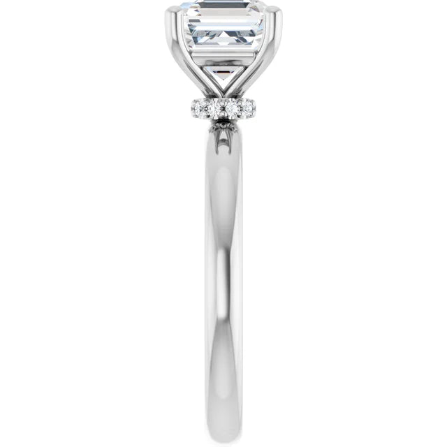 Asscher Cut White Gold Low Hidden Halo Solitaire Engagement Ring