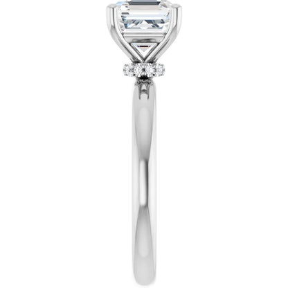 Asscher Cut White Gold Low Hidden Halo Solitaire Engagement Ring