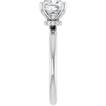 Cushion Cut White Gold Low Hidden Halo Solitaire Engagement Ring