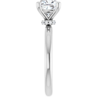 Cushion Cut White Gold Low Hidden Halo Solitaire Engagement Ring