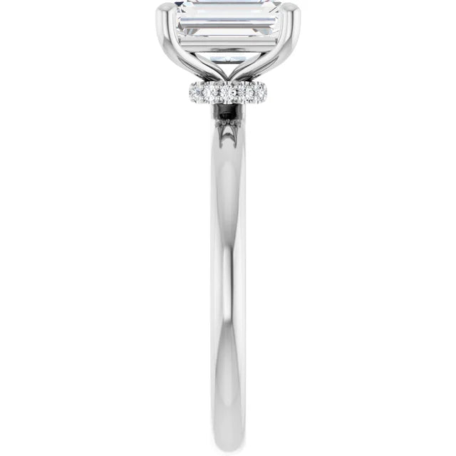 Emerald Cut White Gold Low Hidden Halo Solitaire Engagement Ring