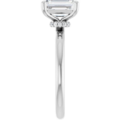 Emerald Cut White Gold Low Hidden Halo Solitaire Engagement Ring