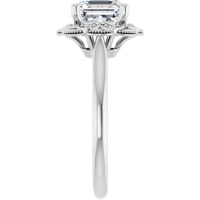 Asscher White Gold Antique Inspired Design Engagement Ring