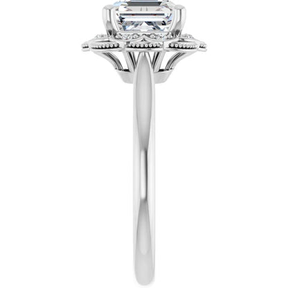 Asscher White Gold Antique Inspired Design Engagement Ring