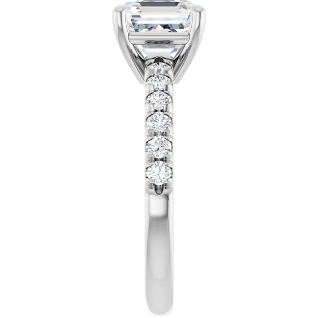 Asscher Four Claw Pave White Gold Engagement Ring 