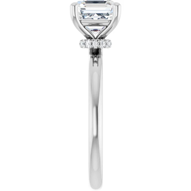 Asscher Cut White Gold Low Hidden Halo Solitaire Engagement Ring