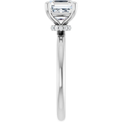 Asscher Cut White Gold Low Hidden Halo Solitaire Engagement Ring