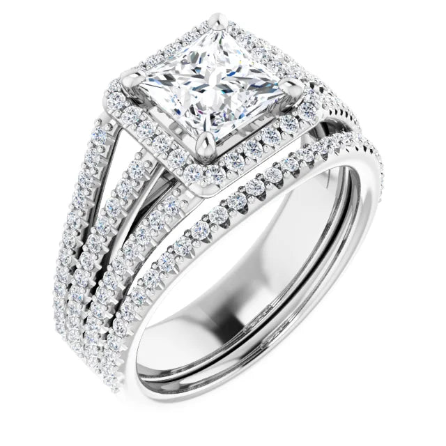 Princess White Gold Halo Style Engagement Ring