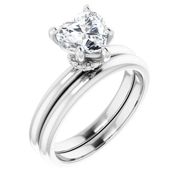 Heart Cut White Gold Low Hidden Halo Solitaire Engagement Ring