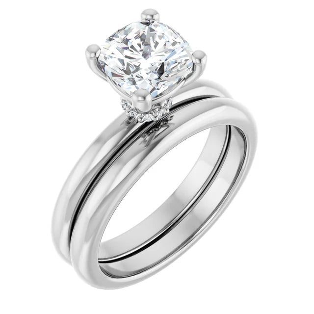 Cushion Cut White Gold Low Hidden Halo Solitaire Engagement Ring
