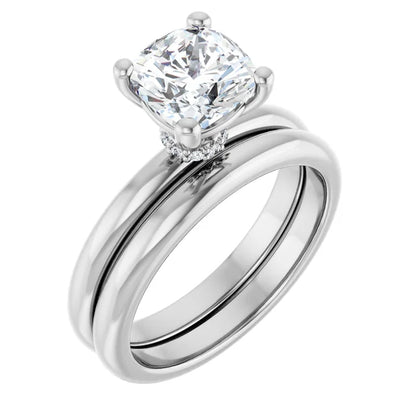 Cushion Cut White Gold Low Hidden Halo Solitaire Engagement Ring