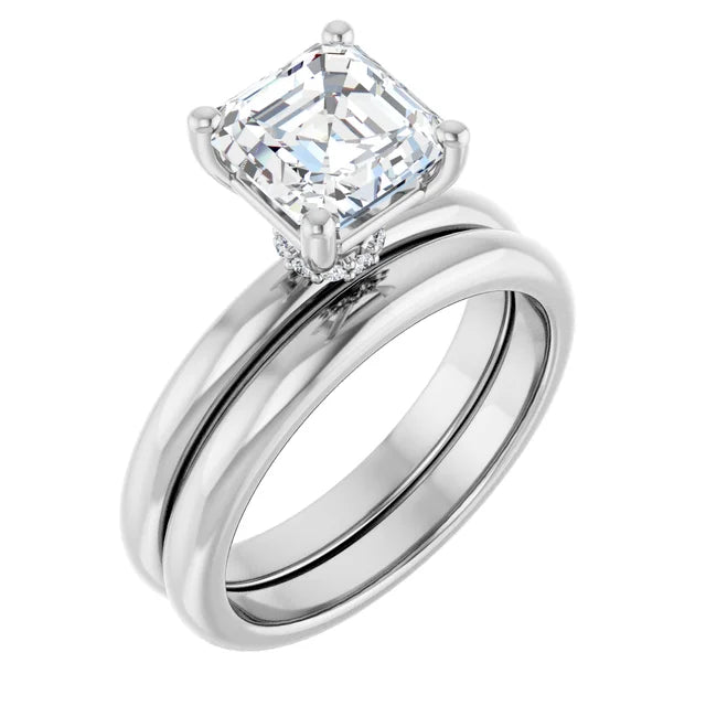 Asscher Cut White Gold Low Hidden Halo Solitaire Engagement Ring