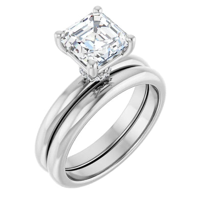 Asscher Cut White Gold Low Hidden Halo Solitaire Engagement Ring