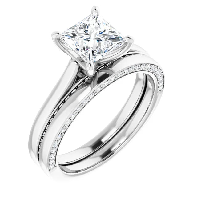 Princess White Gold Solitaire & Hidden Diamond Band Engagement Ring