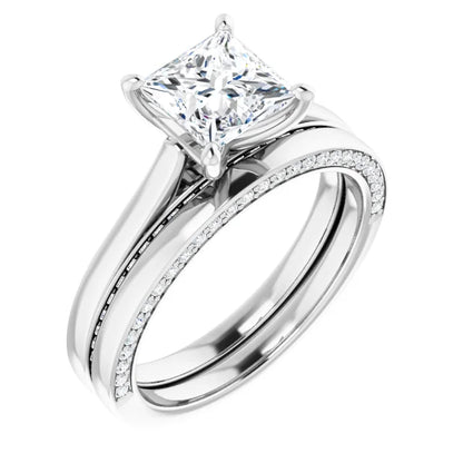 Princess White Gold Solitaire & Hidden Diamond Band Engagement Ring