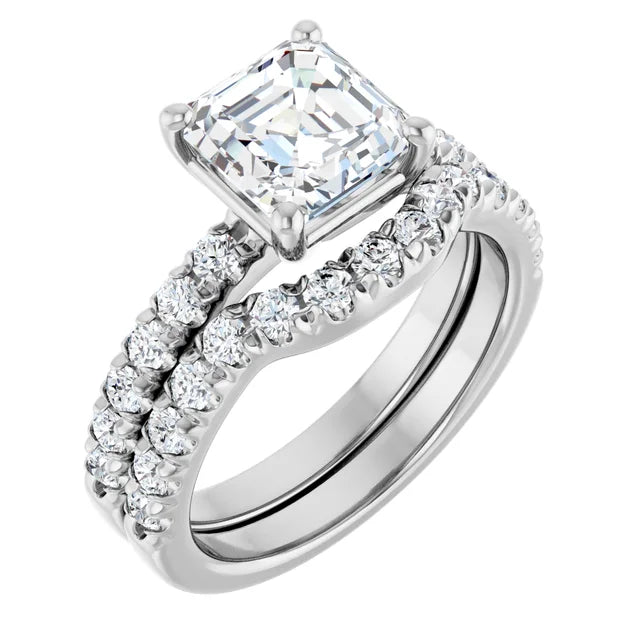 Asscher Four Claw Pave White Gold Engagement Ring 