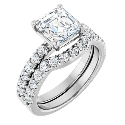 Asscher Four Claw Pave White Gold Engagement Ring 