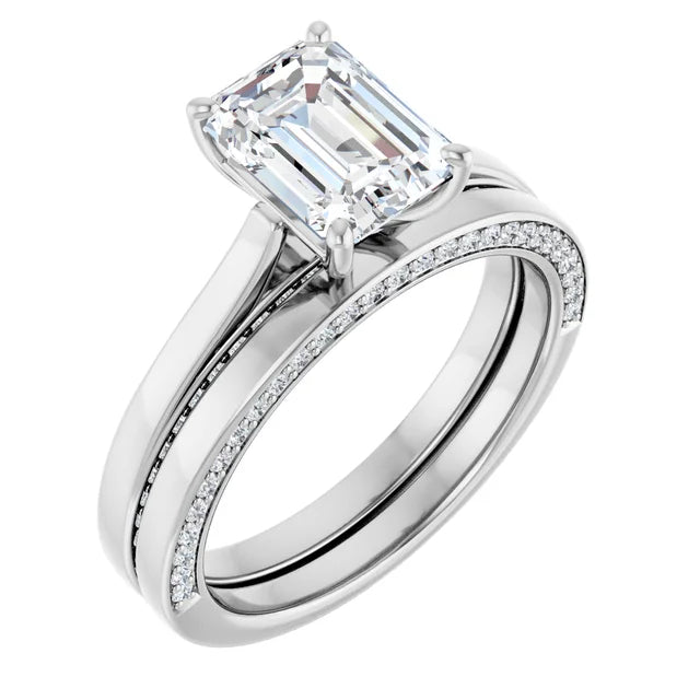 Emerald White Gold Solitaire & Hidden Diamond Band Engagement 