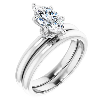 Marquise Cut White Gold Low Hidden Halo Solitaire Engagement Ring