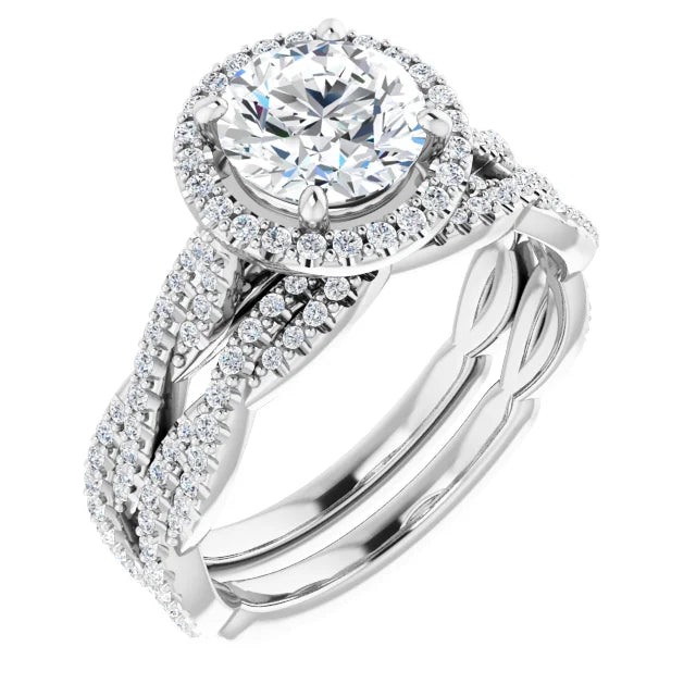 Round Brilliant White Gold Halo Twist Pave Moissanite Engagement Ring 