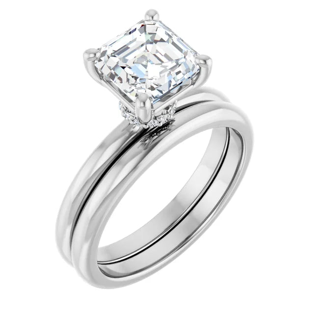 Asscher Cut White Gold Low Hidden Halo Solitaire Engagement Ring