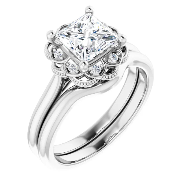 Princess White Gold Antique Inspired Design Engagement Ring