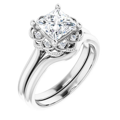 Princess White Gold Antique Inspired Design Engagement Ring