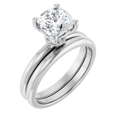 Cushion Cut White Gold Low Hidden Halo Solitaire Engagement Ring