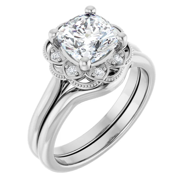 Cushion White Gold Antique Inspired Design Engagement Ring