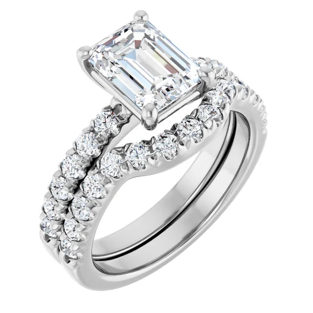 Emerald Four Claw Pave White Gold Engagement Ring 