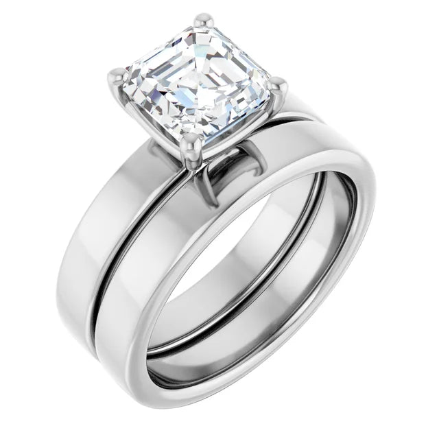 Asscher White Gold Wide Band Solitaire Engagement Ring