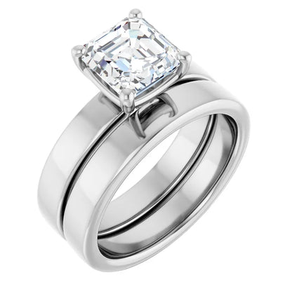 Asscher White Gold Wide Band Solitaire Engagement Ring