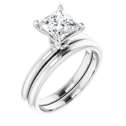 Princess Cut White Gold Low Hidden Halo Solitaire Engagement Ring
