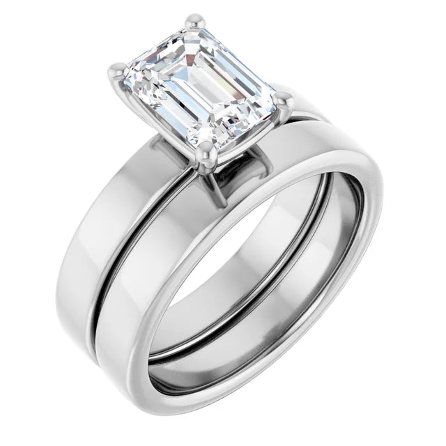 Emerald White Gold Wide Band Solitaire Engagement Ring