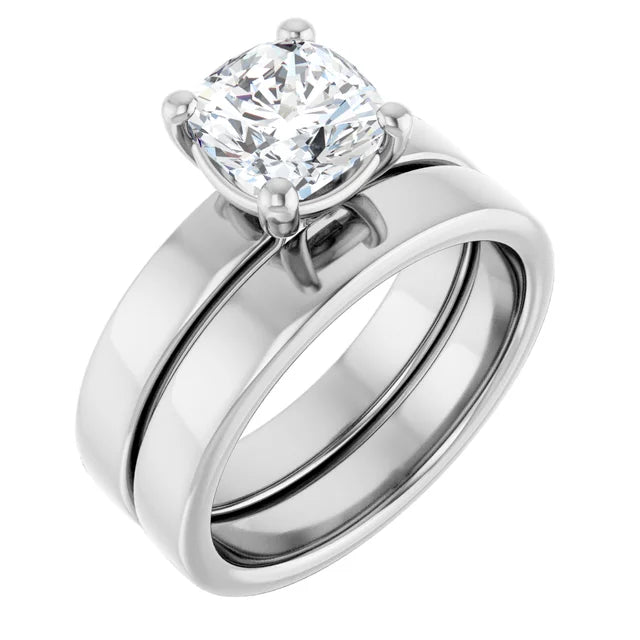 Cushion White Gold Wide Band Solitaire Engagement Ring